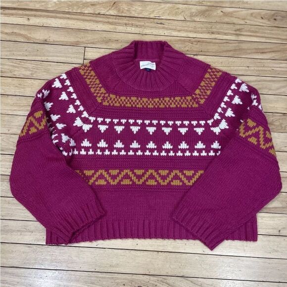 UNIVERSAL THREAD Crop Sweater Women Magenta Knit Mock Neck Gran Fair Isle L Geo - Picture 14 of 16